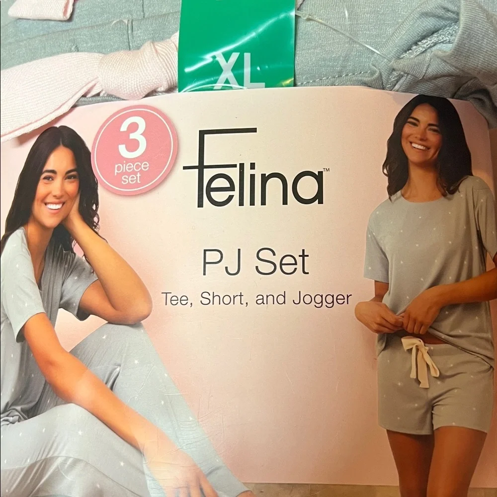 NWT Felina Womens 3 Piece Pajama Set Lounge Set‎ Gray Stars XL